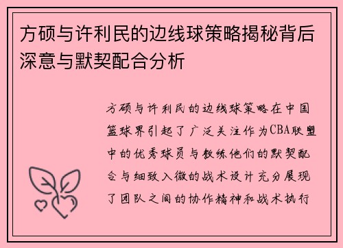 方硕与许利民的边线球策略揭秘背后深意与默契配合分析 方硕与许利民的边线球策略揭秘背后深意与默契配合分析