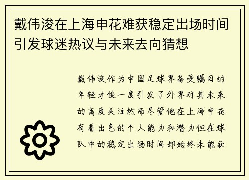 戴伟浚在上海申花难获稳定出场时间引发球迷热议与未来去向猜想